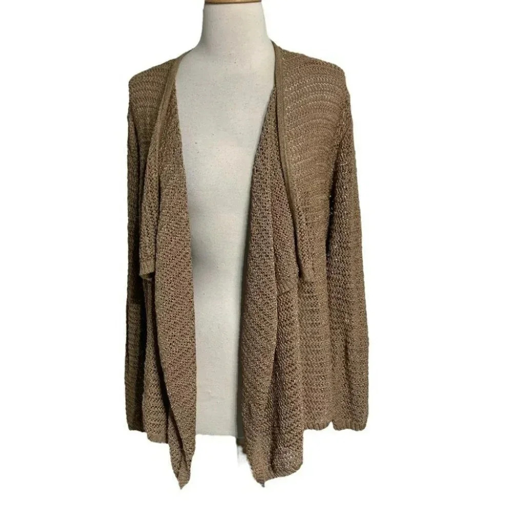 Jones‎ New York Cardigan M Tan Gold Metallic Open Front Drape Crochet Knit